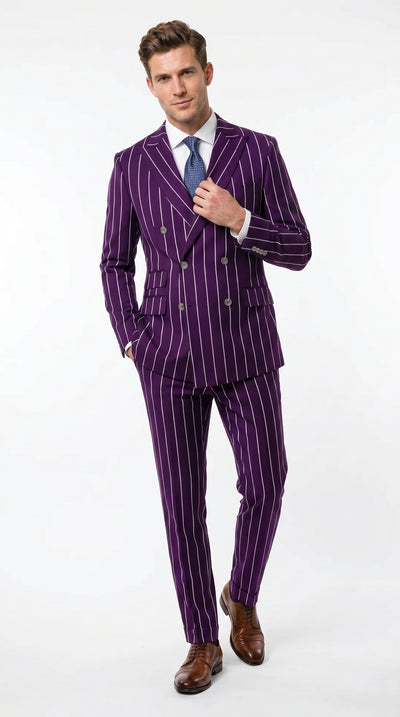 Men’s Dark Purple Pinstripe Double Breasted 1920s Gangster Suit, Vintage Formal Dress Suit
