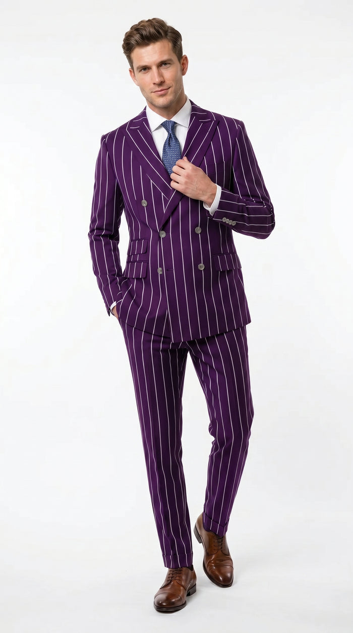 Men’s Dark Purple Pinstripe Double Breasted 1920s Gangster Suit, Vintage Formal Dress Suit