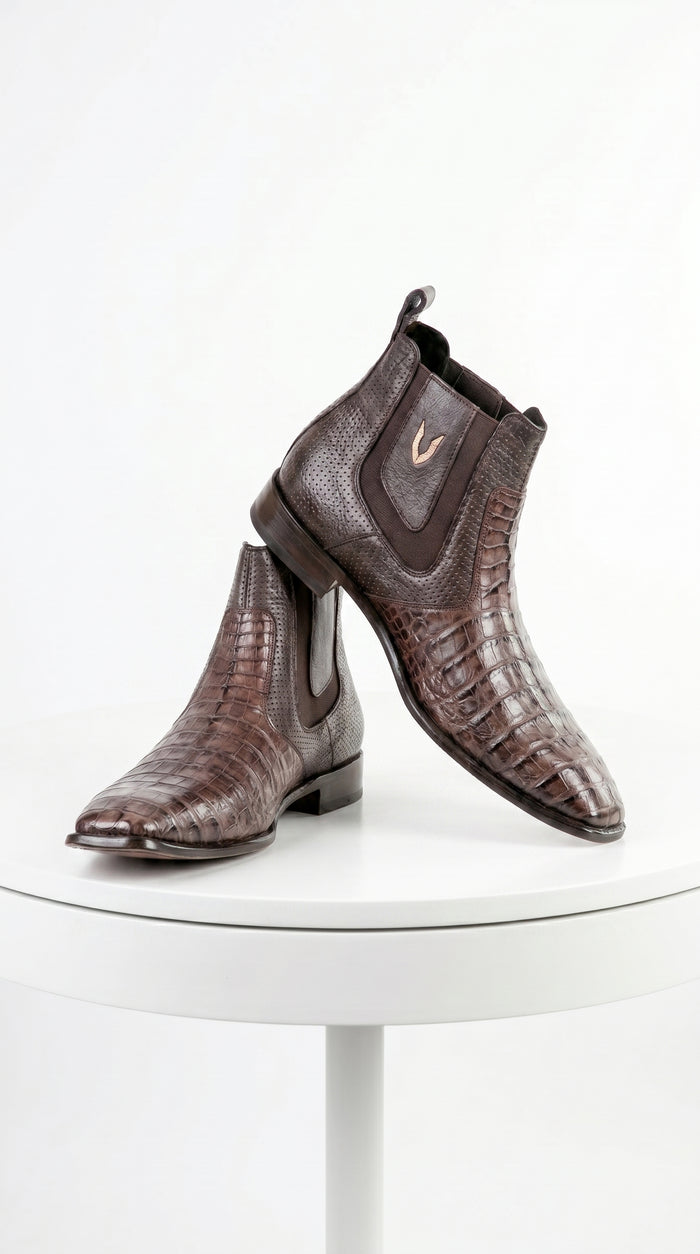 Men’s Brown Vestigium Caiman Belly Chelsea Boots, Genuine Exotic Dress Ankle Boots