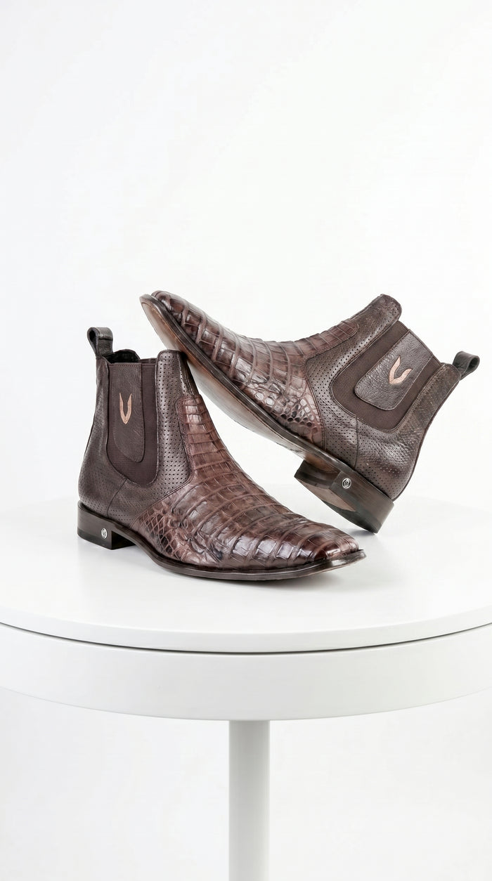 Men’s Brown Vestigium Caiman Belly Chelsea Boots, Genuine Exotic Dress Ankle Boots