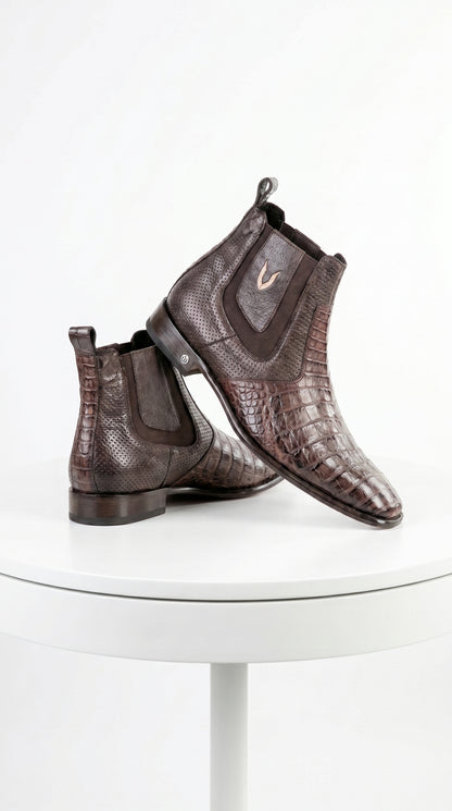 Men’s Brown Vestigium Caiman Belly Chelsea Boots, Genuine Exotic Dress Ankle Boots