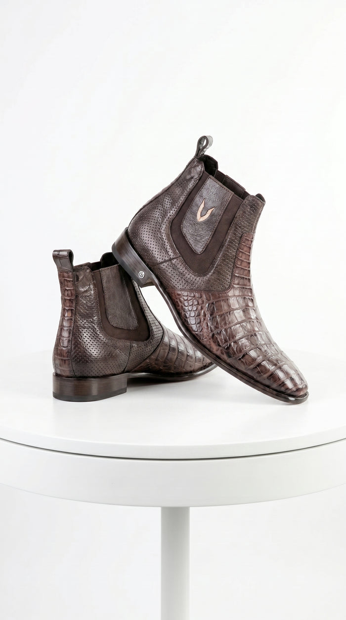 Men’s Brown Vestigium Caiman Belly Chelsea Boots, Genuine Exotic Dress Ankle Boots