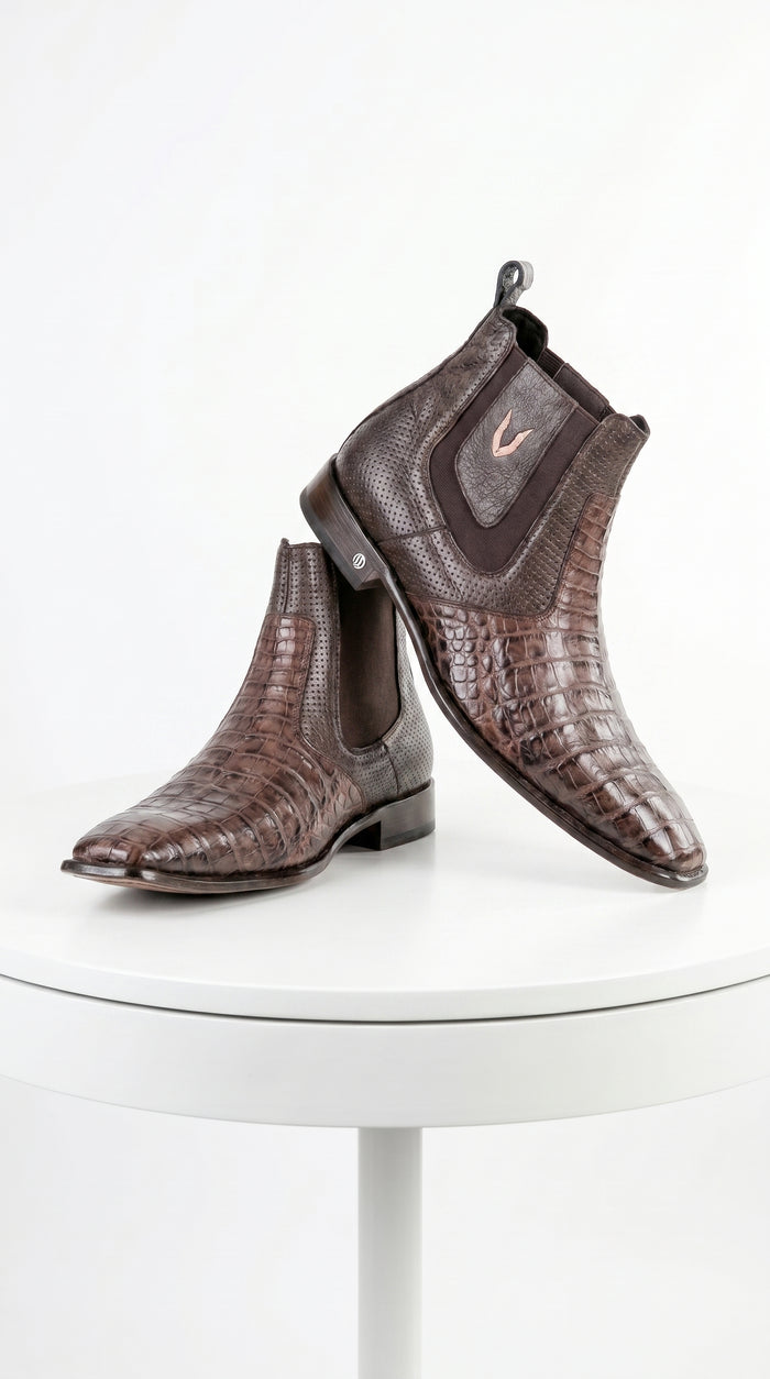 Men’s Brown Vestigium Caiman Belly Chelsea Boots, Genuine Exotic Dress Ankle Boots