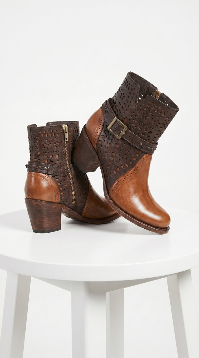 Women’s Brown Leather Short Boots with Oval Toe, Buckle Strap Fashion Ankle Boots