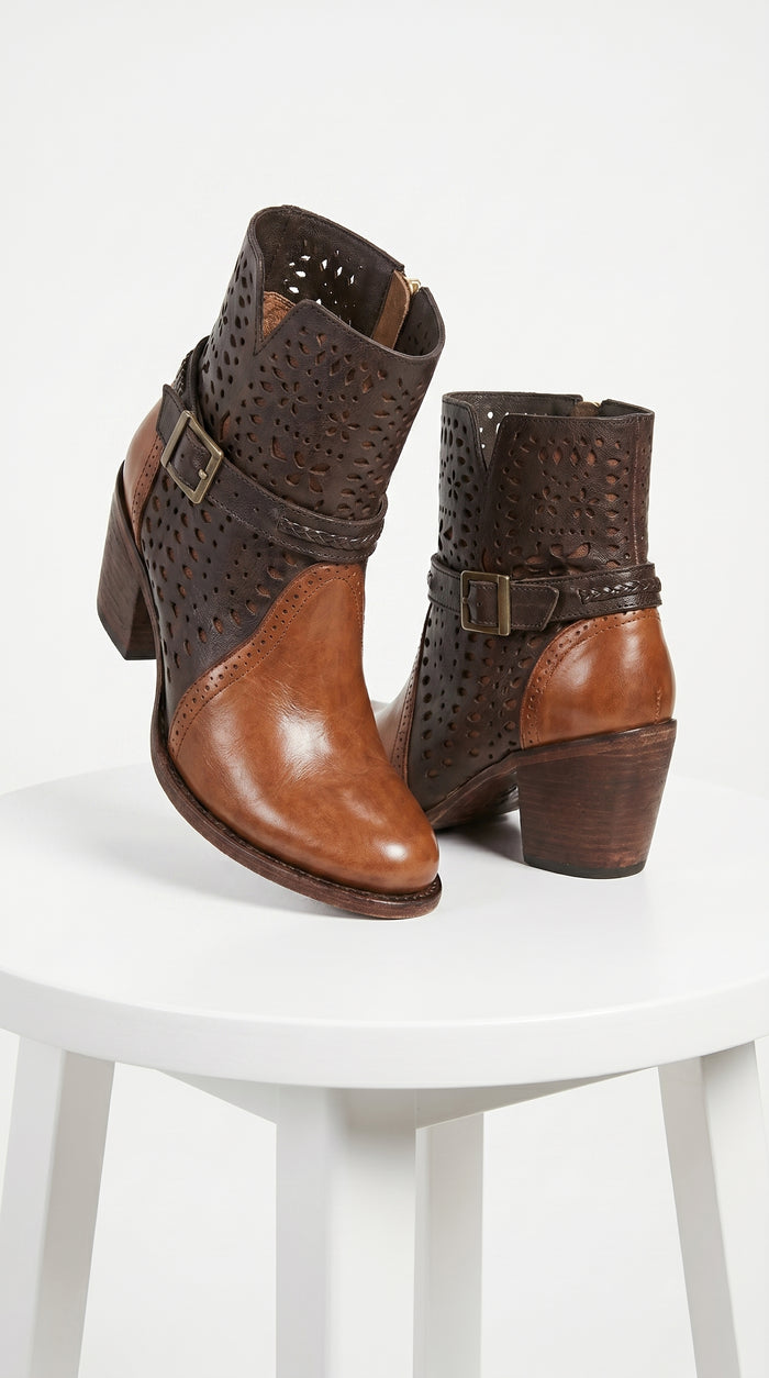 Women’s Brown Leather Short Boots with Oval Toe, Buckle Strap Fashion Ankle Boots