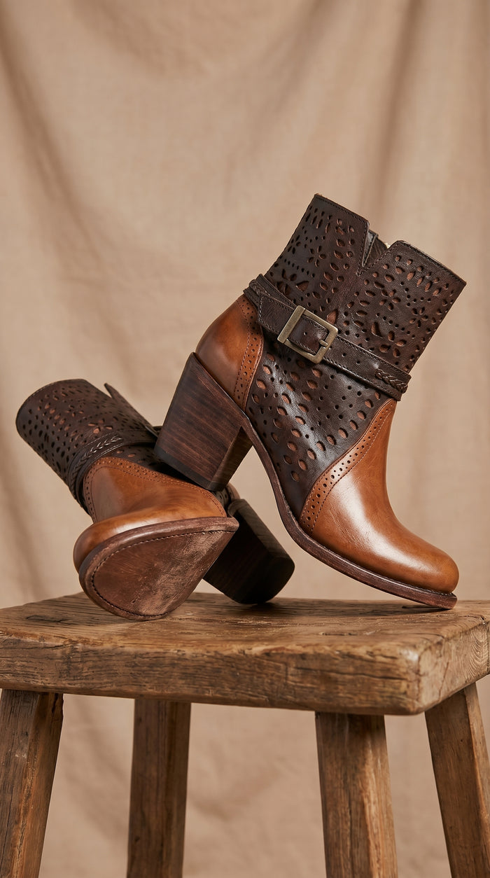 Women’s Brown Leather Short Boots with Oval Toe, Buckle Strap Fashion Ankle Boots