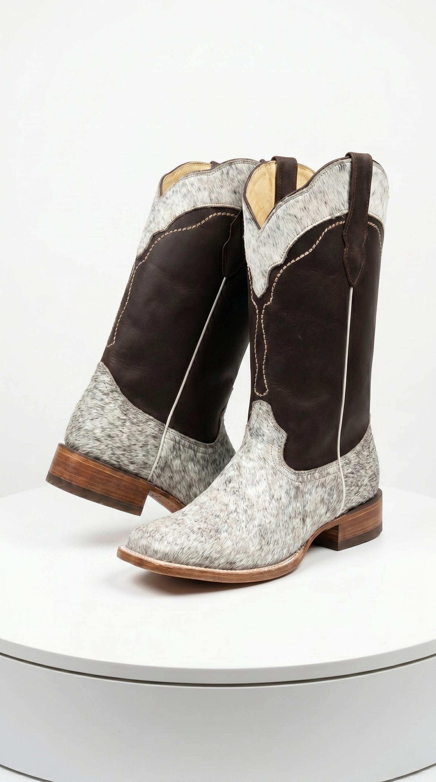 Women’s White and Brown Cowhide Leather Rodeo Boots, Western Pull On Cowboy Boots