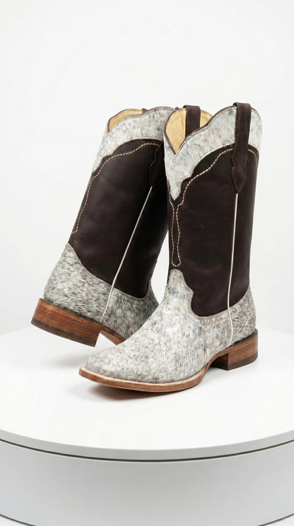 Women’s White and Brown Cowhide Leather Rodeo Boots, Western Pull On Cowboy Boots