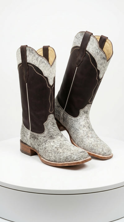 Women’s White and Brown Cowhide Leather Rodeo Boots, Western Pull On Cowboy Boots