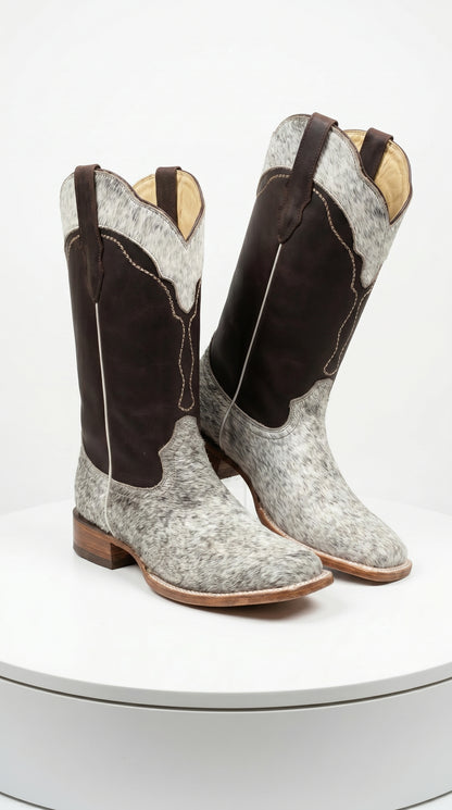 Women’s White and Brown Cowhide Leather Rodeo Boots, Western Pull On Cowboy Boots