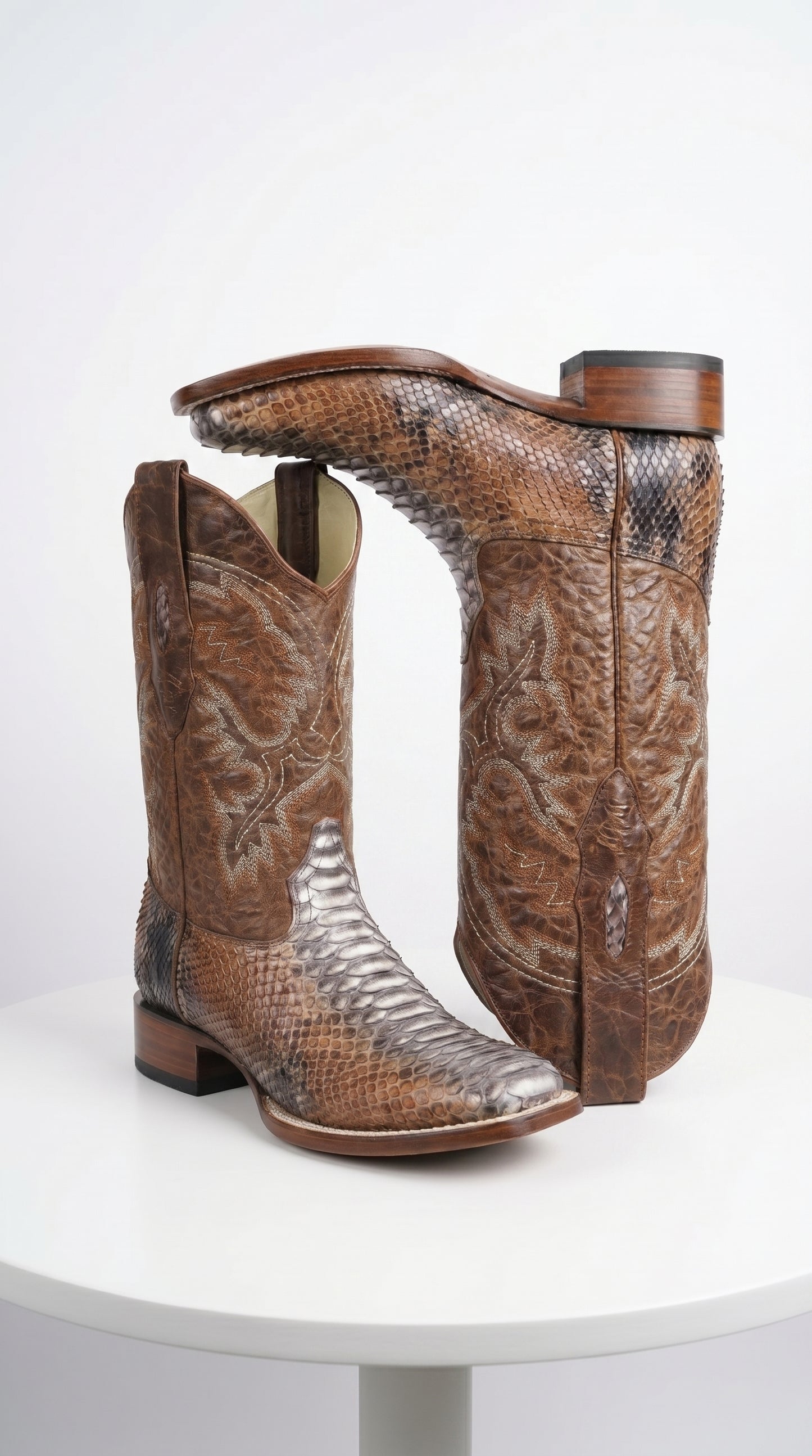 Men’s Brown Original Python Ranchero Cowboy Boots with Pointed Toe, Exotic Western Dress Boots