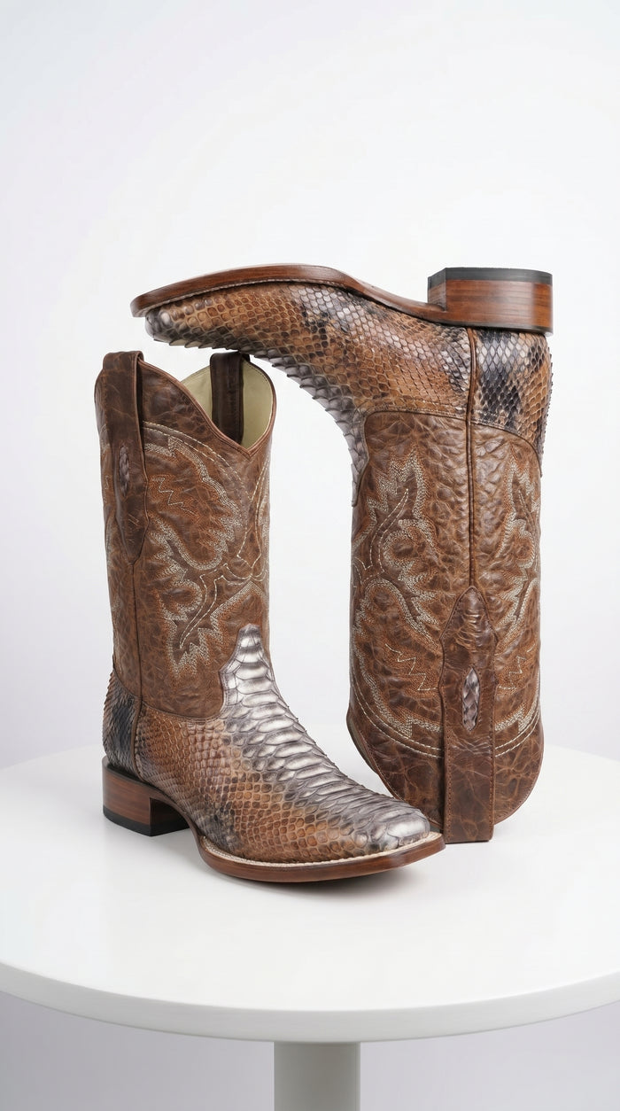 Men’s Brown Original Python Ranchero Cowboy Boots with Pointed Toe, Exotic Western Dress Boots