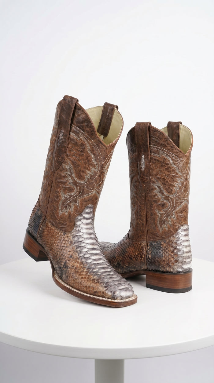 Men’s Brown Original Python Ranchero Cowboy Boots with Pointed Toe, Exotic Western Dress Boots