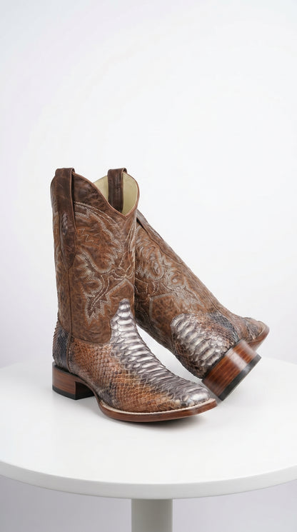 Men’s Brown Original Python Ranchero Cowboy Boots with Pointed Toe, Exotic Western Dress Boots