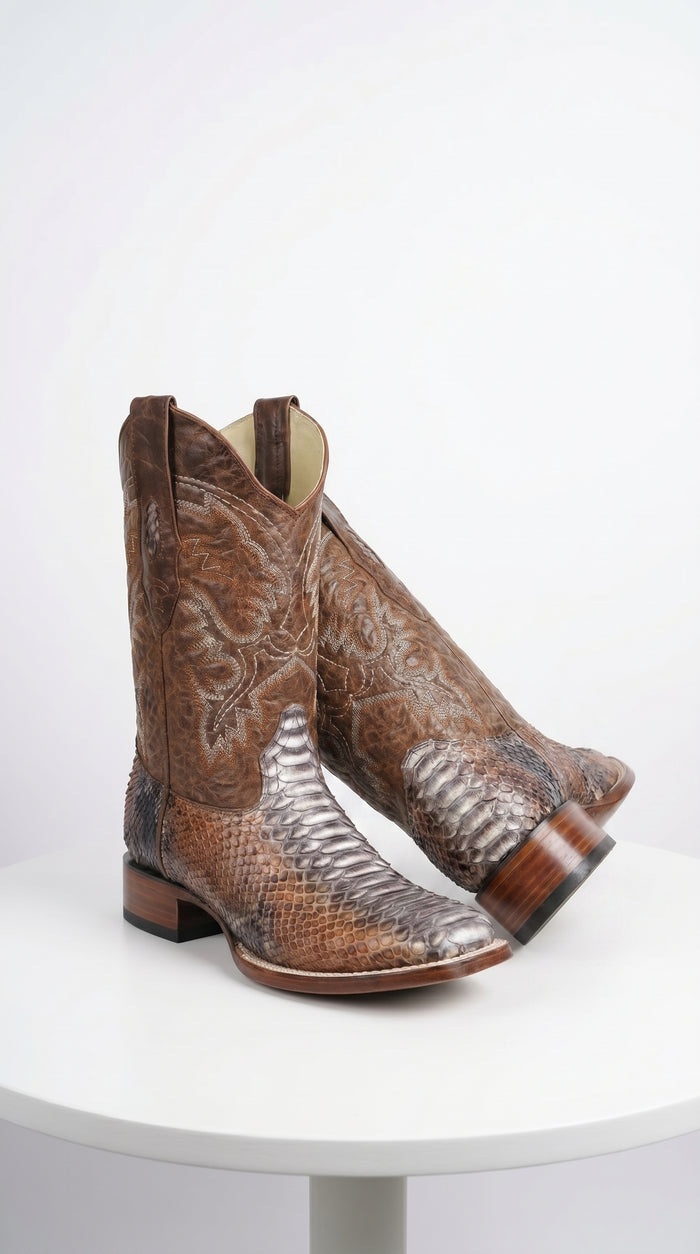 Men’s Brown Original Python Ranchero Cowboy Boots with Pointed Toe, Exotic Western Dress Boots
