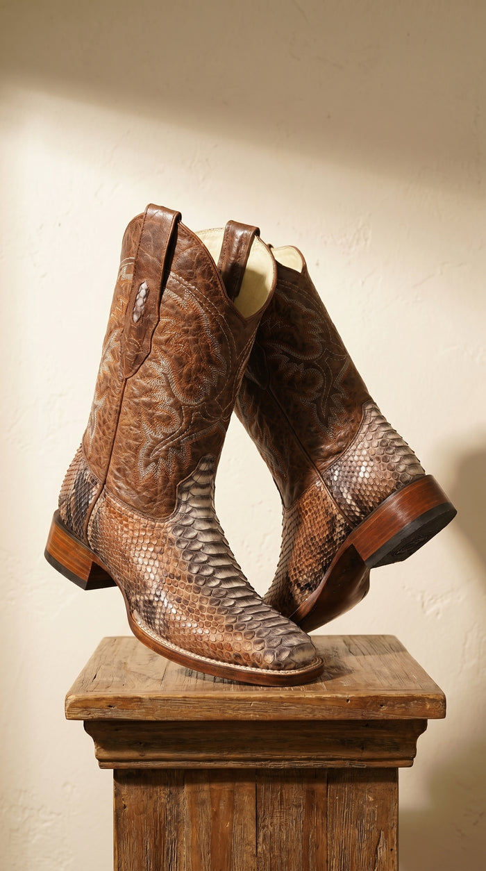 Men’s Brown Original Python Ranchero Cowboy Boots with Pointed Toe, Exotic Western Dress Boots