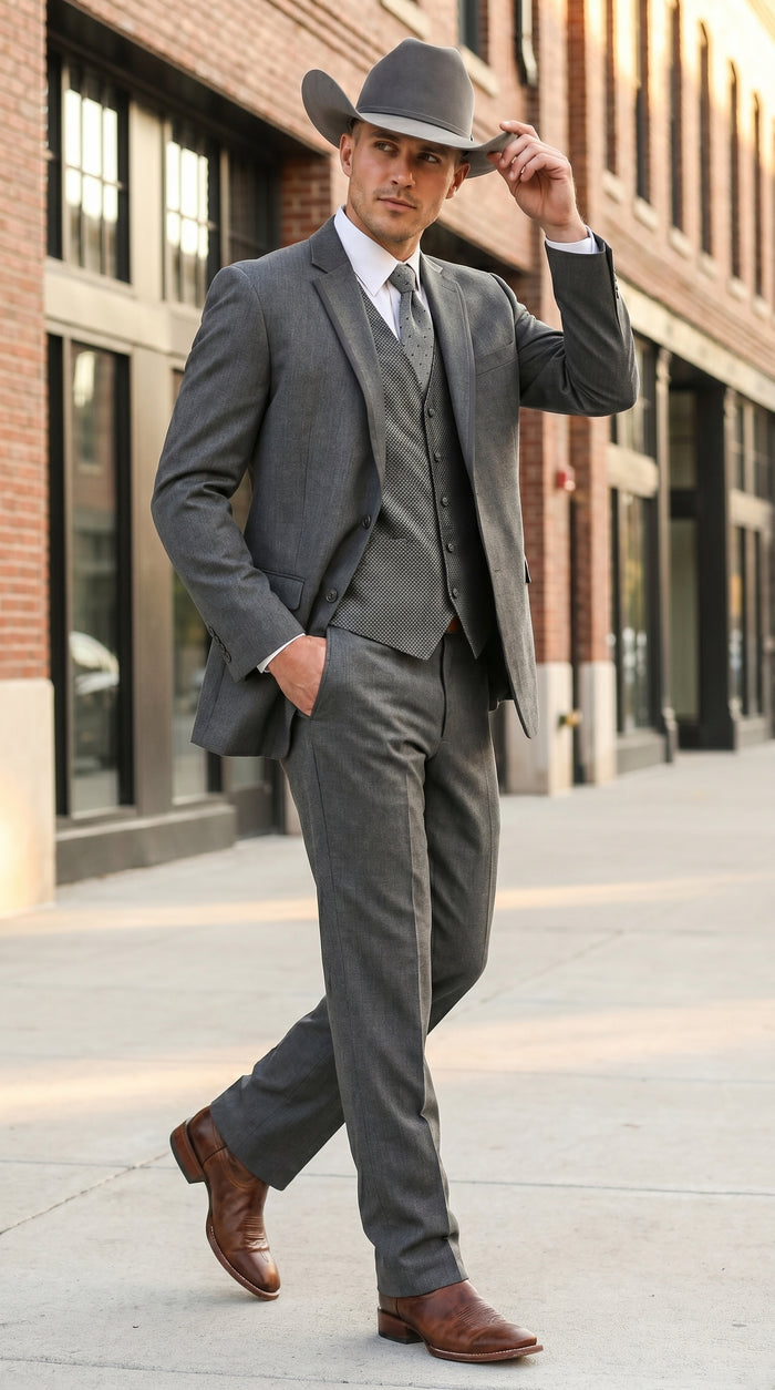 Men’s Grey 2 Button Trim Cowboy Tuxedo with Vest, Western Wedding Formal Suit