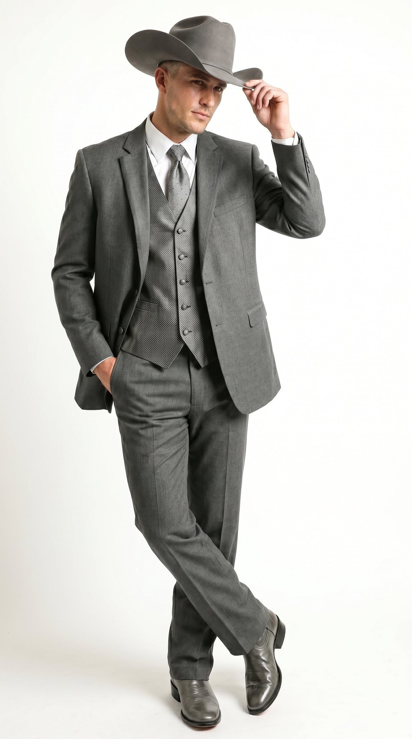 Men’s Grey 2 Button Trim Cowboy Tuxedo with Vest, Western Wedding Formal Suit