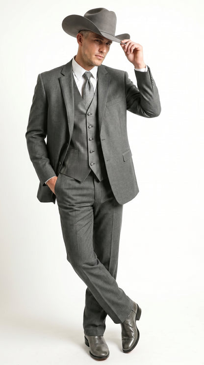 Men’s Grey 2 Button Trim Cowboy Tuxedo with Vest, Western Wedding Formal Suit