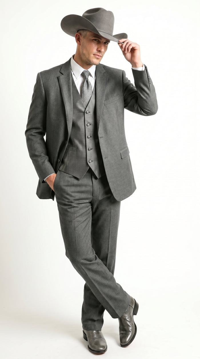 Men’s Grey 2 Button Trim Cowboy Tuxedo with Vest, Western Wedding Formal Suit