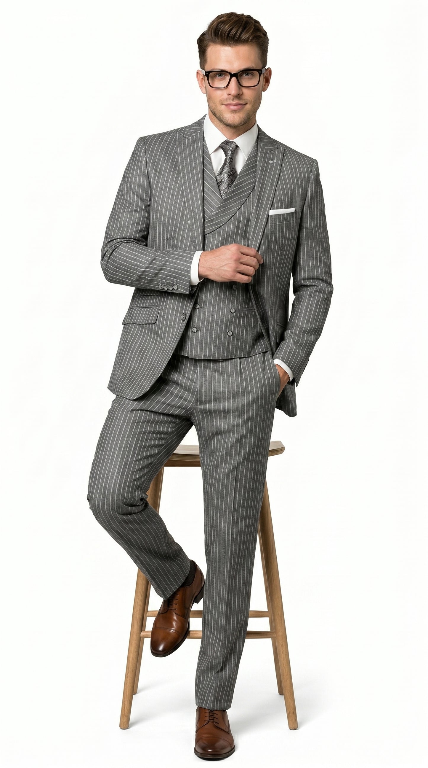 Men’s Grey Pinstripe Double Breasted Vest Suit 2 Button Gangster Style Formal Suit