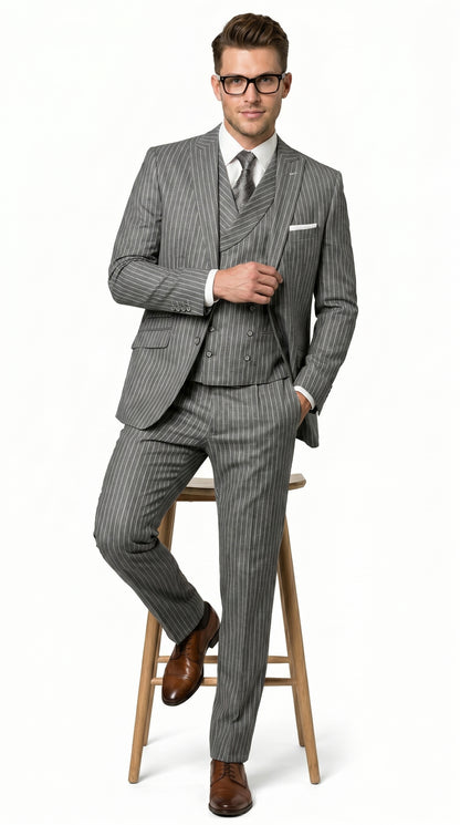 Men’s Grey Pinstripe Double Breasted Vest Suit 2 Button Gangster Style Formal Suit