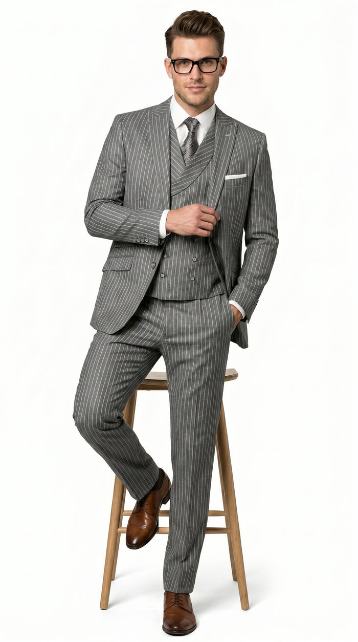 Men’s Grey Pinstripe Double Breasted Vest Suit 2 Button Gangster Style Formal Suit