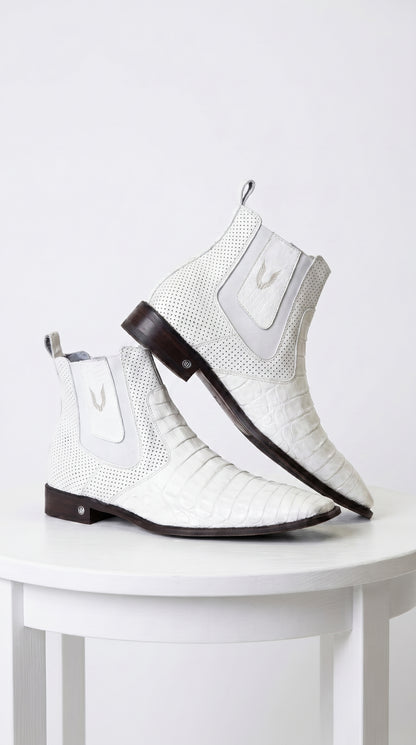 Men's Handmade White Vestigium Boots Genuine Caiman Belly Chelsea Boots