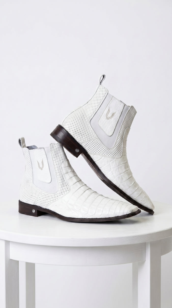 Men's Handmade White Vestigium Boots Genuine Caiman Belly Chelsea Boots