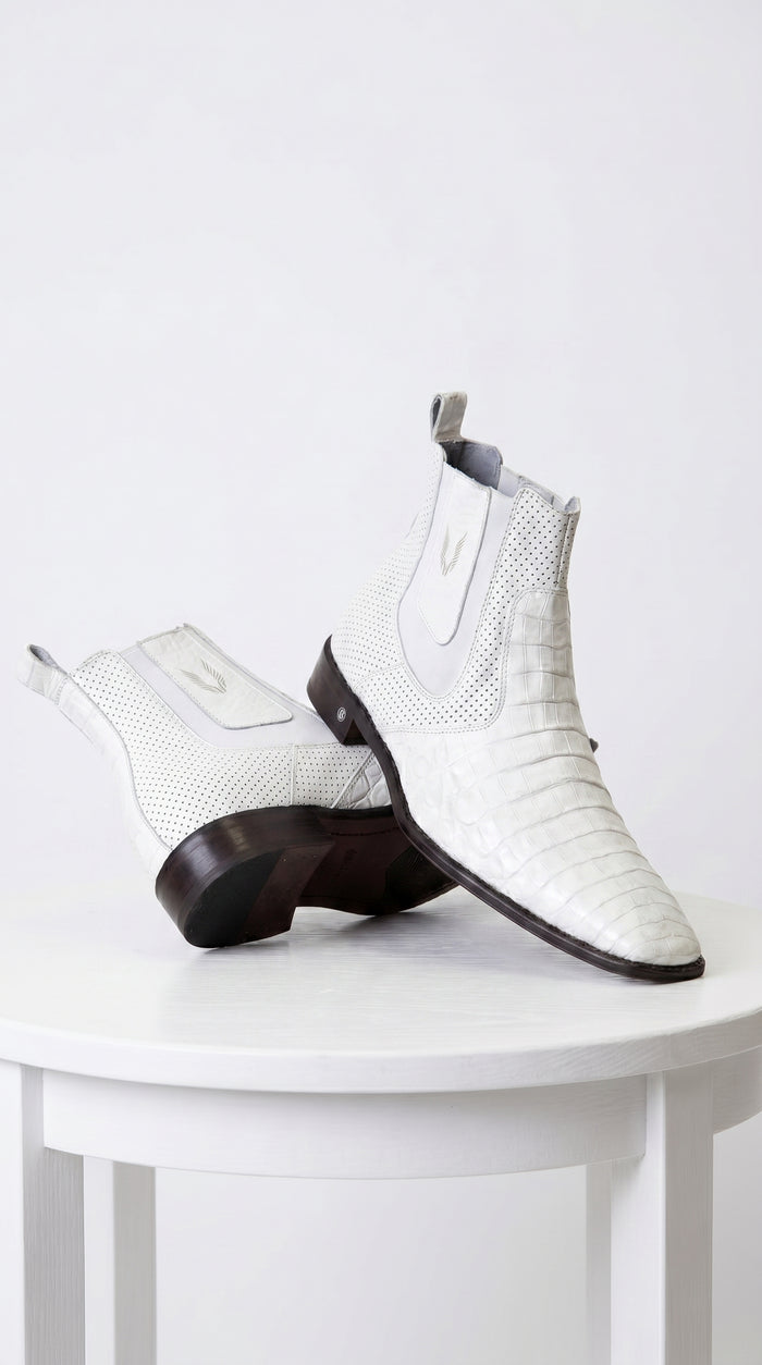 Men's Handmade White Vestigium Boots Genuine Caiman Belly Chelsea Boots