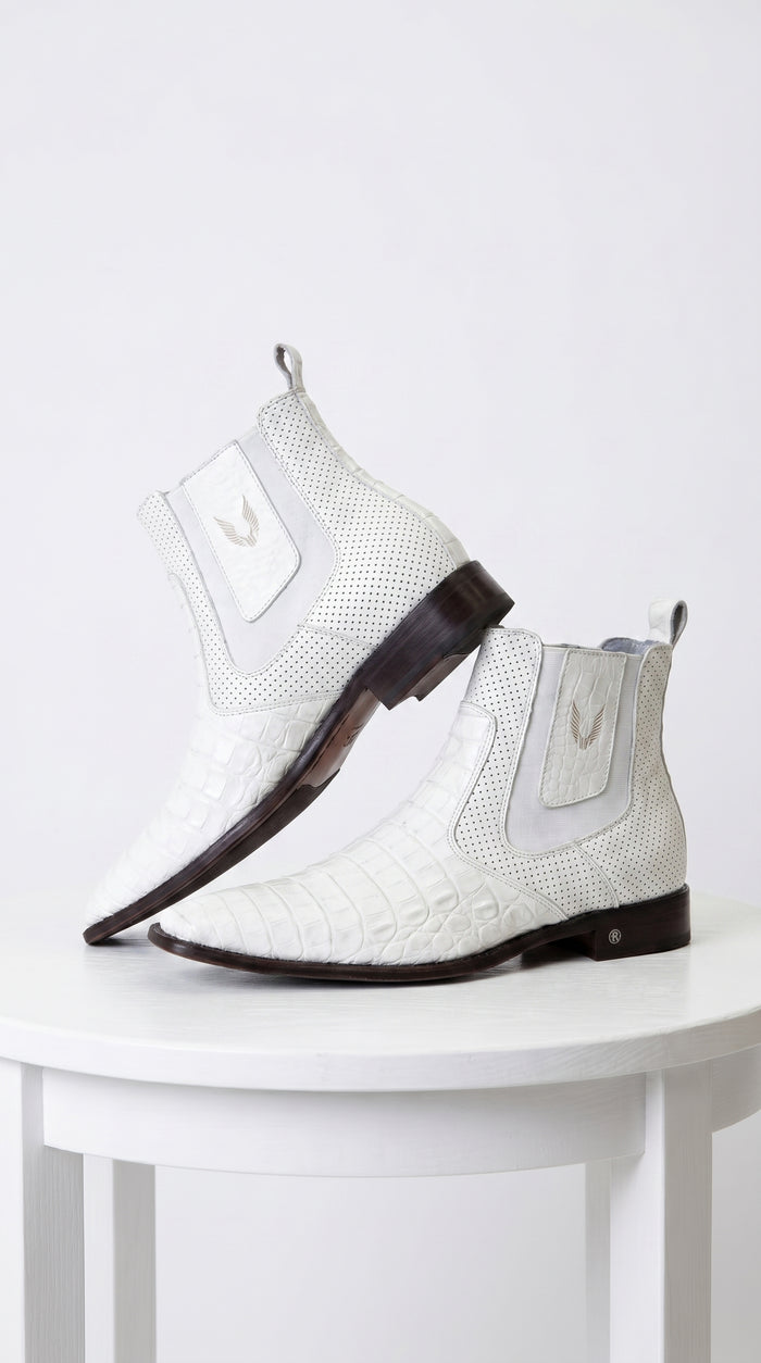 Men's Handmade White Vestigium Boots Genuine Caiman Belly Chelsea Boots