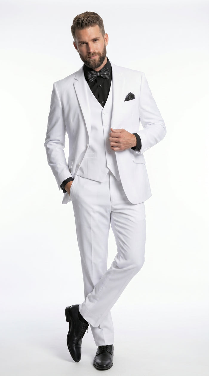 Men’s White Disco Suit with Jacket, Vest and Pants, Saturday Night Style Formal Party Suit