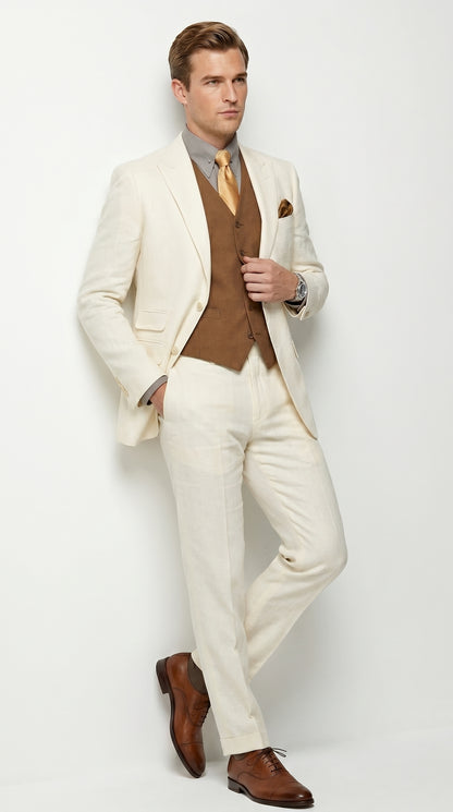 Men’s Ivory Great Gatsby Inspired Suit with Jacket, Vest and Pants, Vintage Formal Wedding Suit