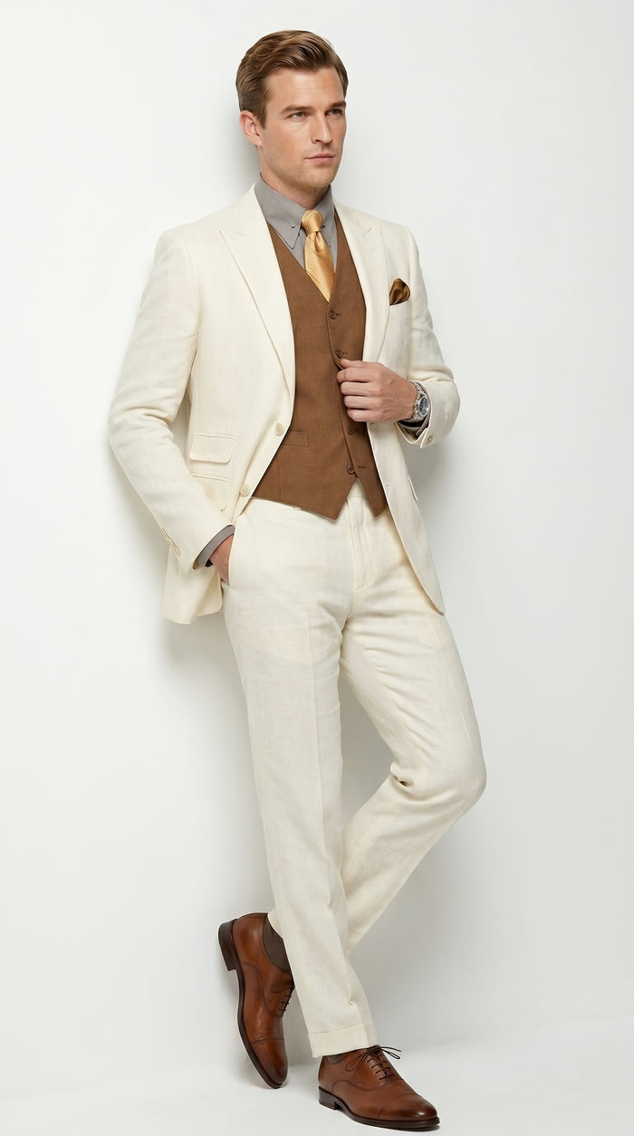 Men’s Ivory Great Gatsby Inspired Suit with Jacket, Vest and Pants, Vintage Formal Wedding Suit