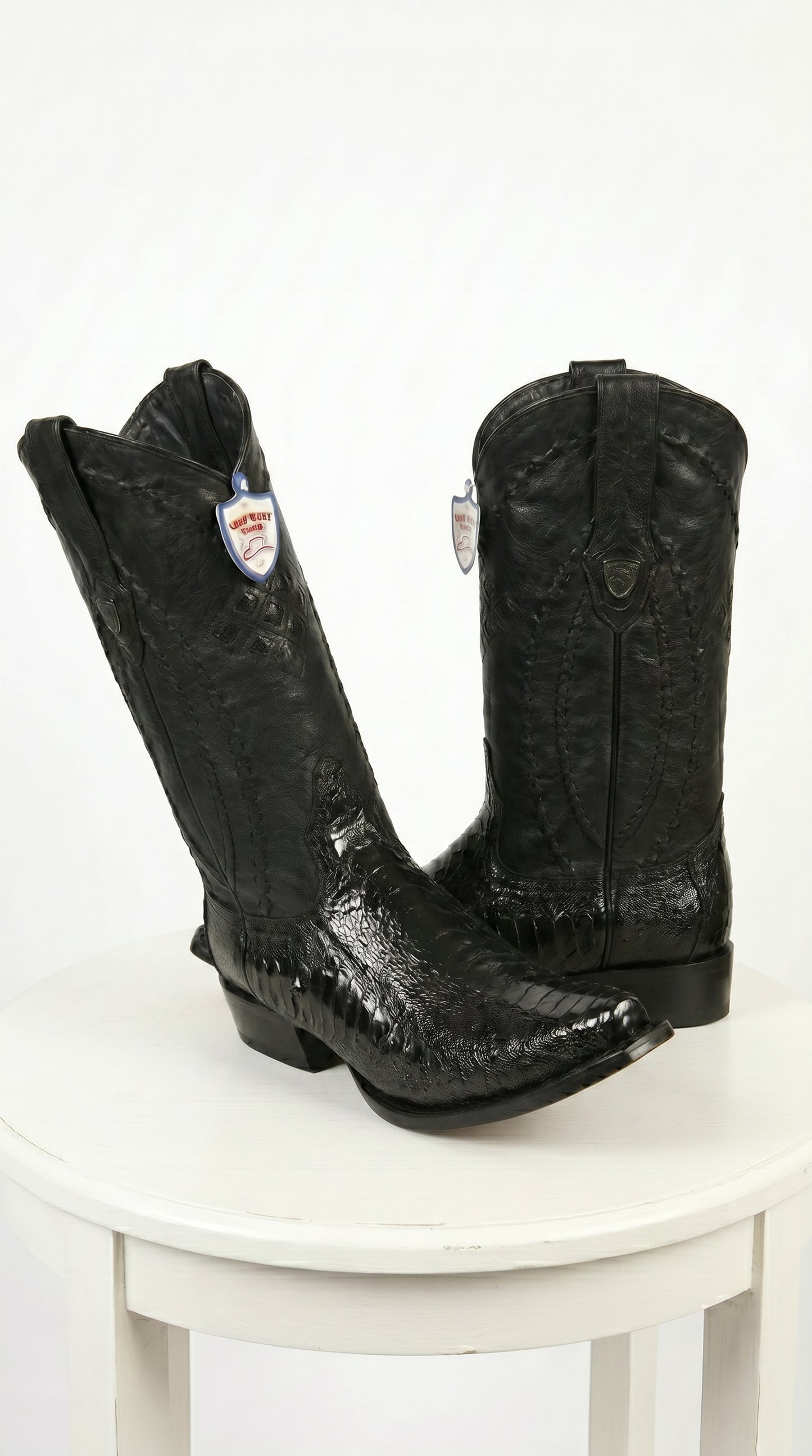Men’s Black Ostrich Leg Cowboy Boots with Snip Toe, Western Dress Boots