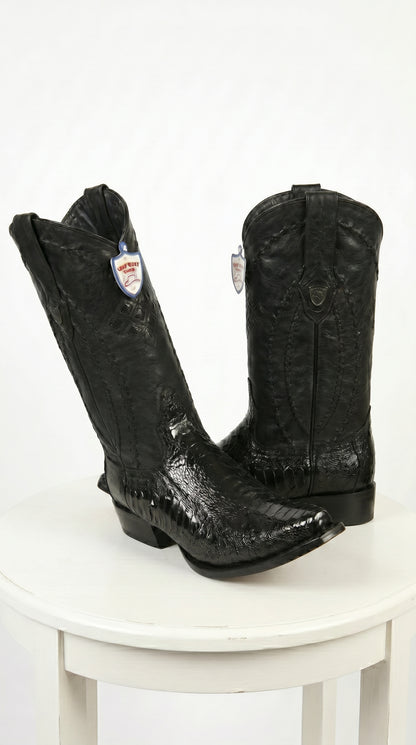Men’s Black Ostrich Leg Cowboy Boots with Snip Toe, Western Dress Boots