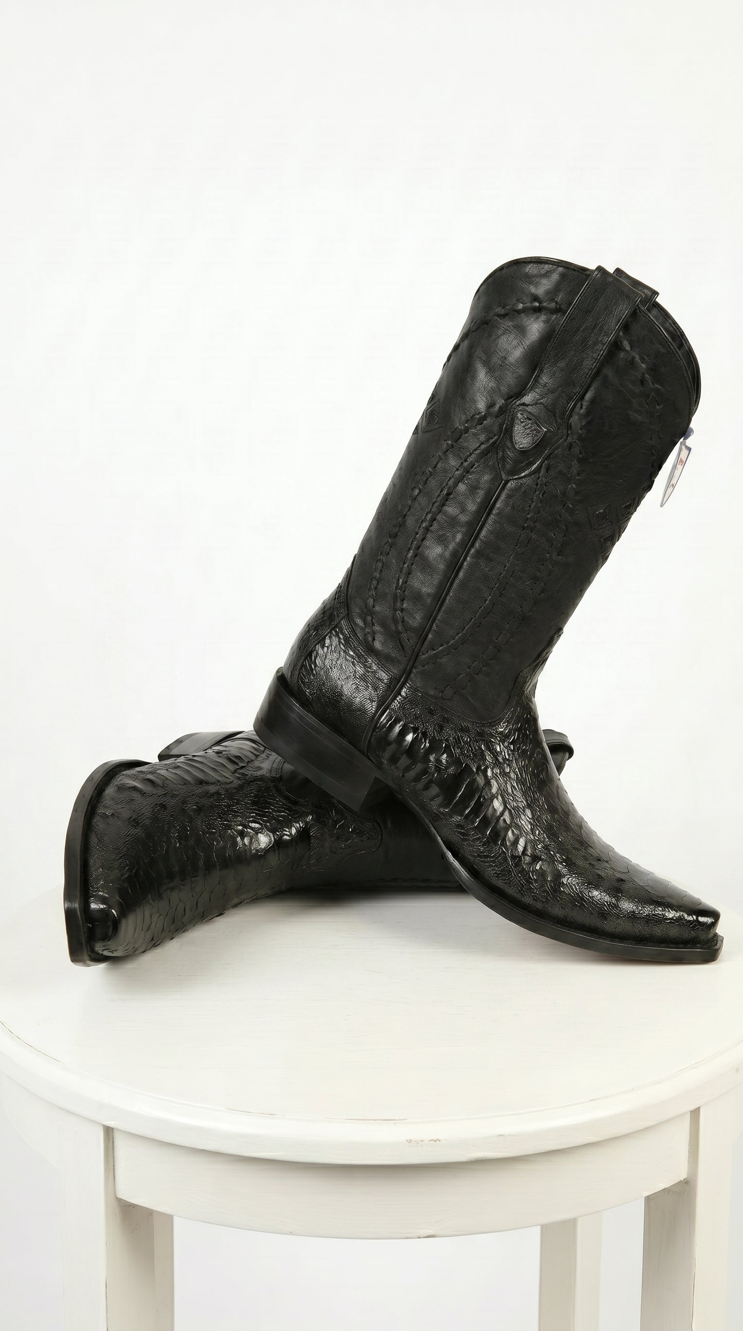 Men’s Black Ostrich Leg Cowboy Boots with Snip Toe, Western Dress Boots