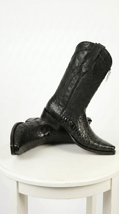Men’s Black Ostrich Leg Cowboy Boots with Snip Toe, Western Dress Boots