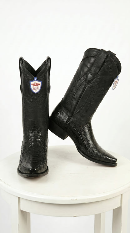 Men’s Black Ostrich Leg Cowboy Boots with Snip Toe, Western Dress Boots