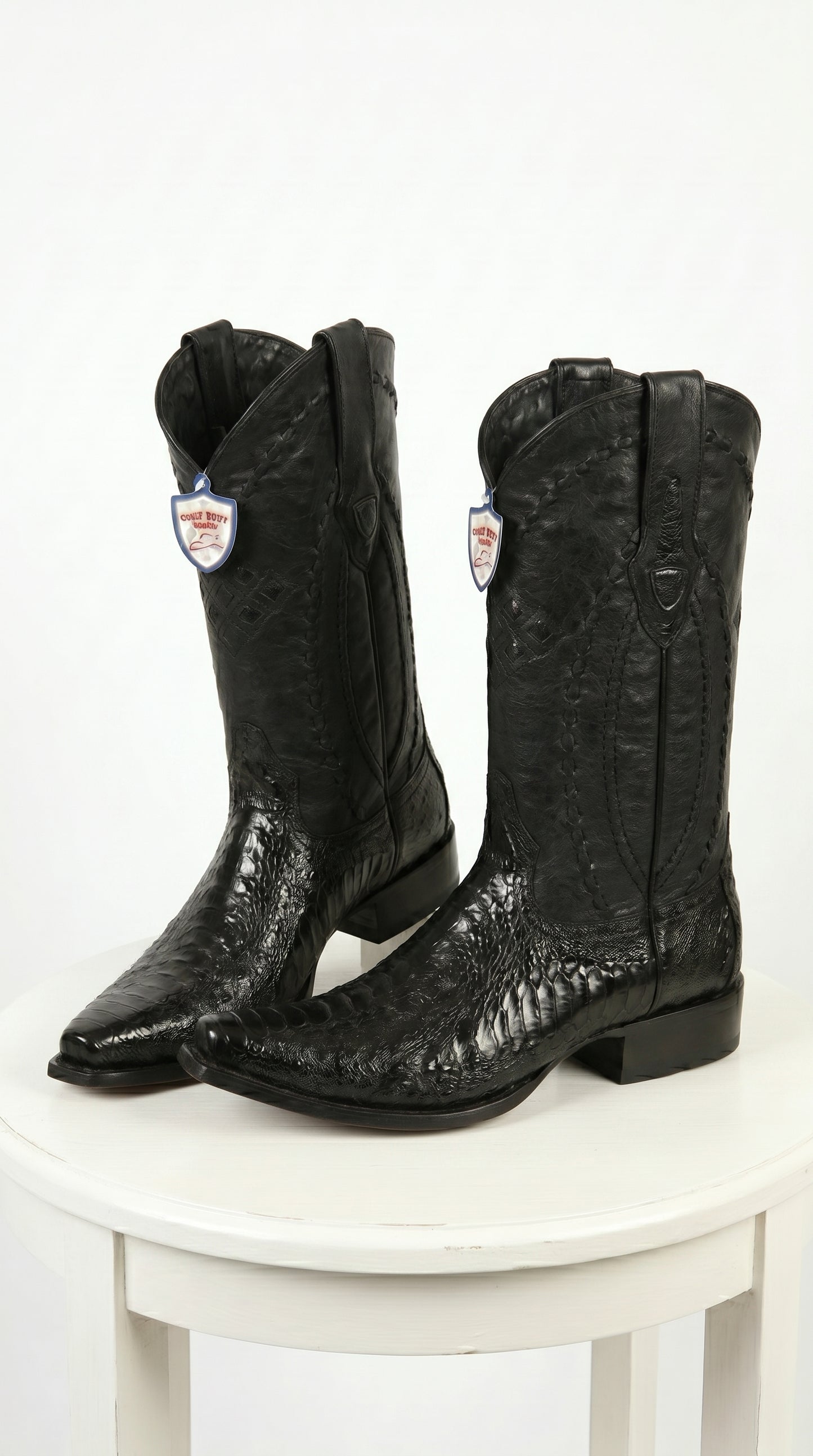 Men’s Black Ostrich Leg Cowboy Boots with Snip Toe, Western Dress Boots