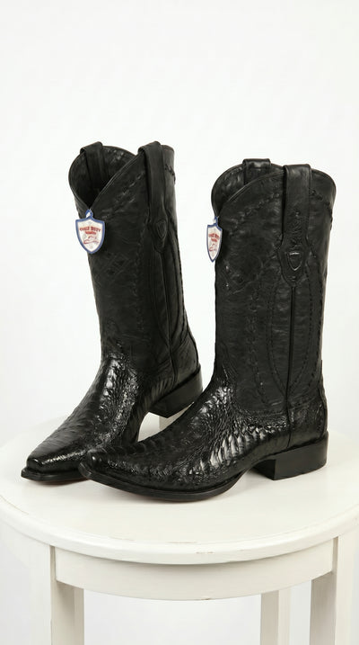 Men’s Black Ostrich Leg Cowboy Boots with Snip Toe, Western Dress Boots