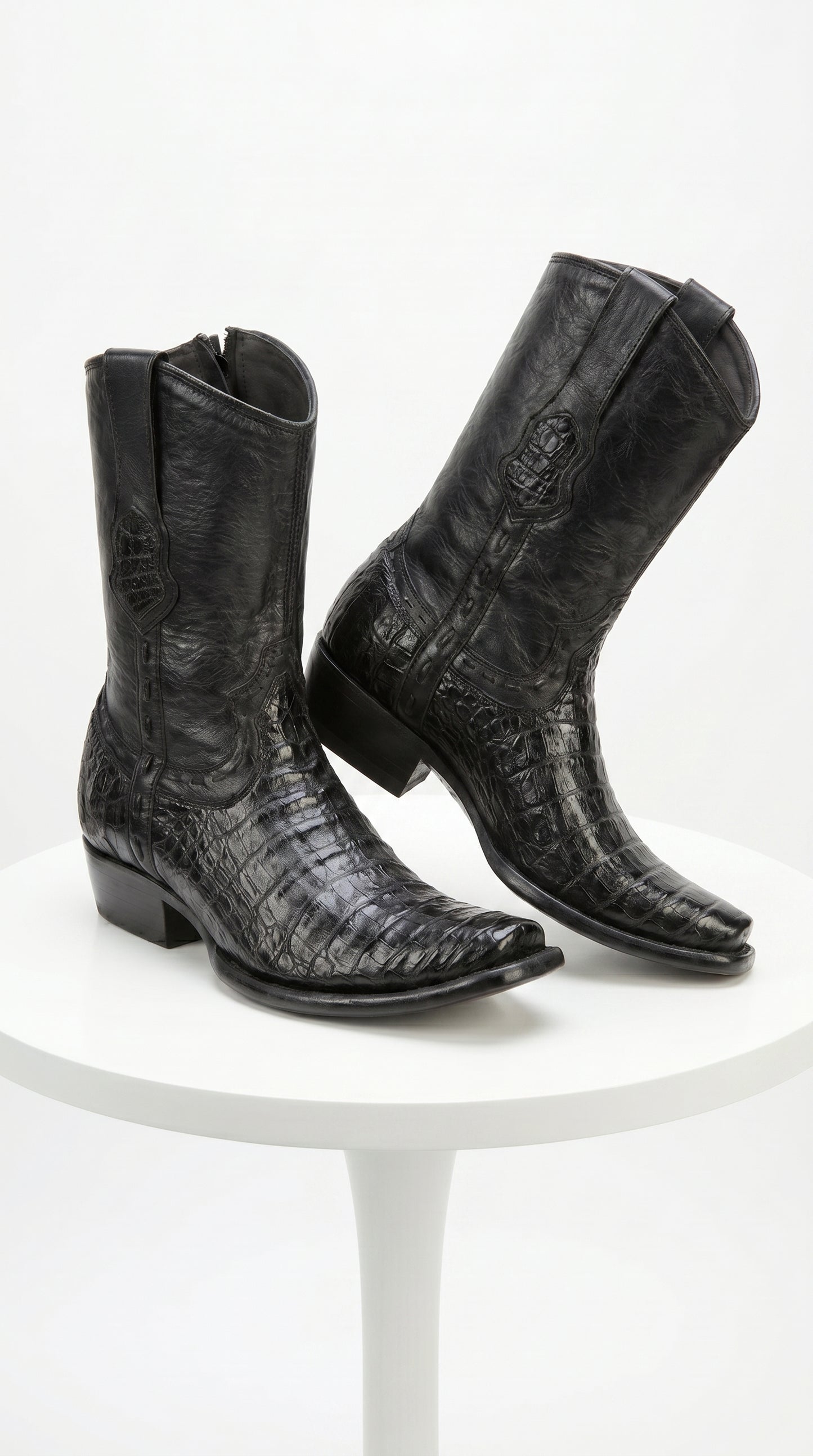 Men’s Black Caiman Skin Cowboy Boots with Western Shaft, Exotic Dress Boots