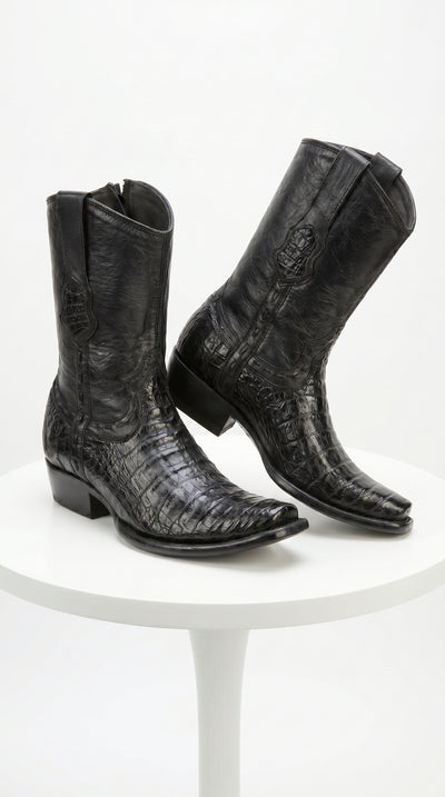 Men’s Black Caiman Skin Cowboy Boots with Western Shaft, Exotic Dress Boots
