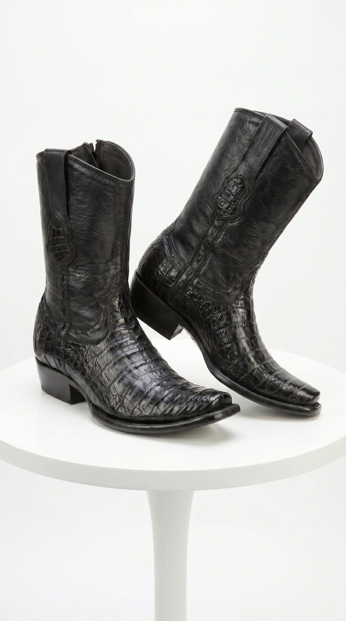 Men’s Black Caiman Skin Cowboy Boots with Western Shaft, Exotic Dress Boots