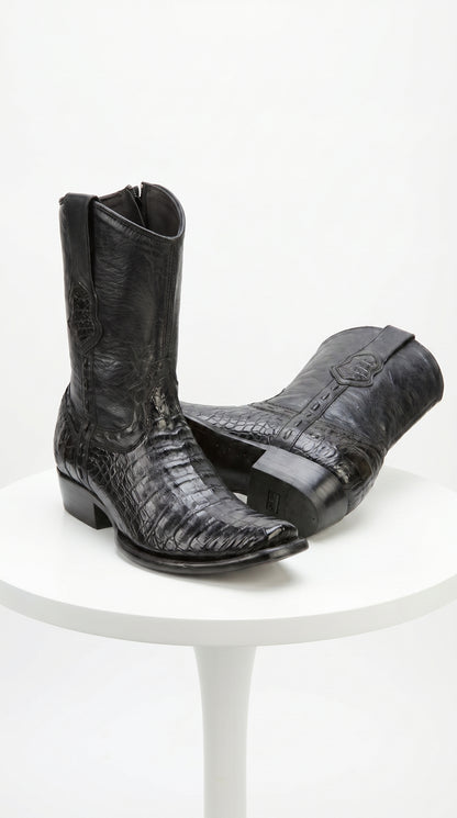 Men’s Black Caiman Skin Cowboy Boots with Western Shaft, Exotic Dress Boots