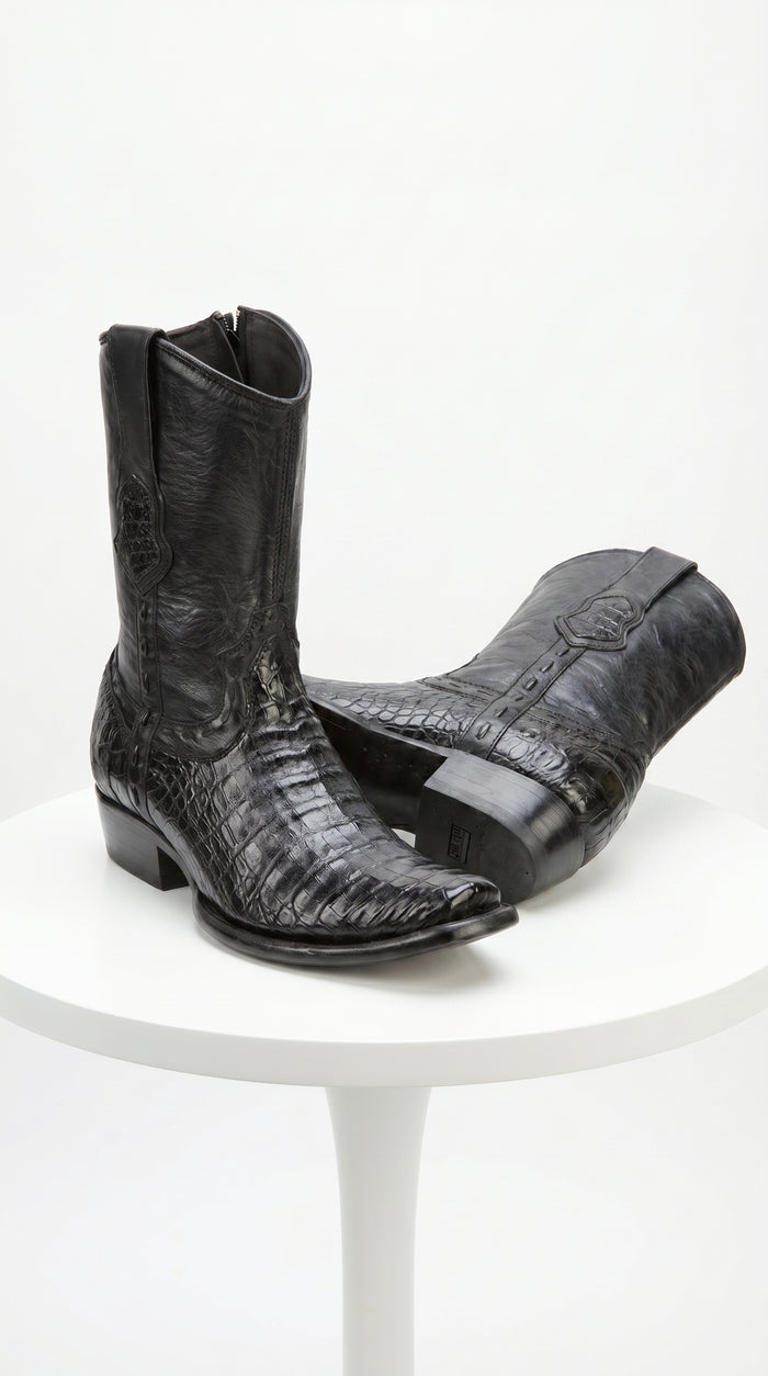 Men’s Black Caiman Skin Cowboy Boots with Western Shaft, Exotic Dress Boots