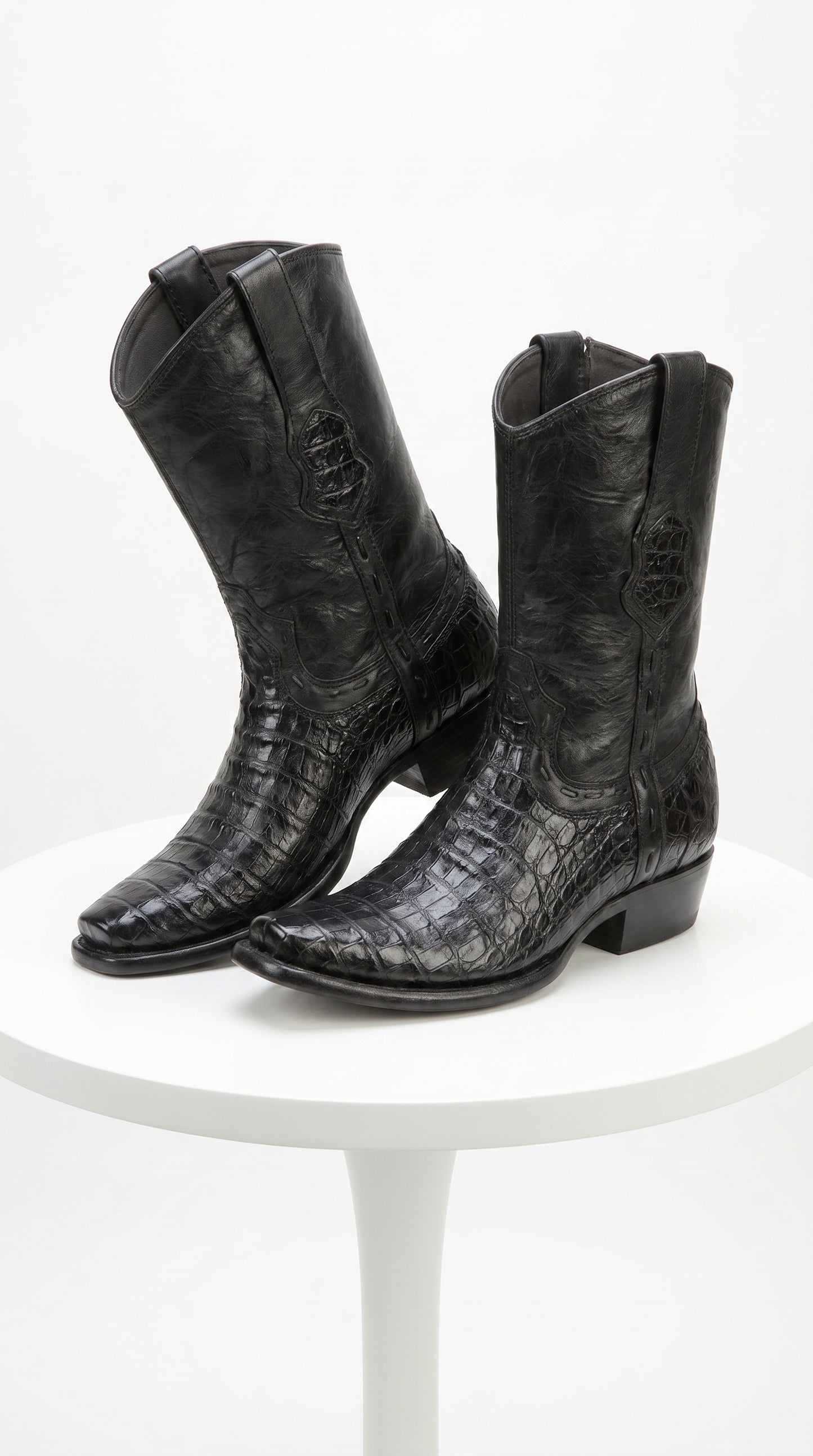 Men’s Black Caiman Skin Cowboy Boots with Western Shaft, Exotic Dress Boots