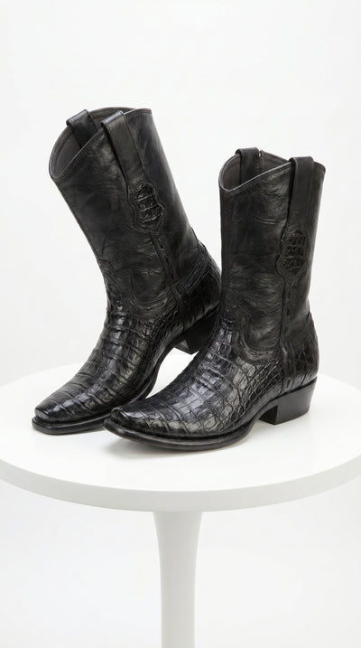 Men’s Black Caiman Skin Cowboy Boots with Western Shaft, Exotic Dress Boots