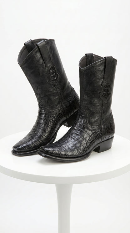 Men’s Black Caiman Skin Cowboy Boots with Western Shaft, Exotic Dress Boots