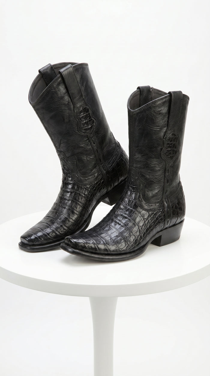 Men’s Black Caiman Skin Cowboy Boots with Western Shaft, Exotic Dress Boots